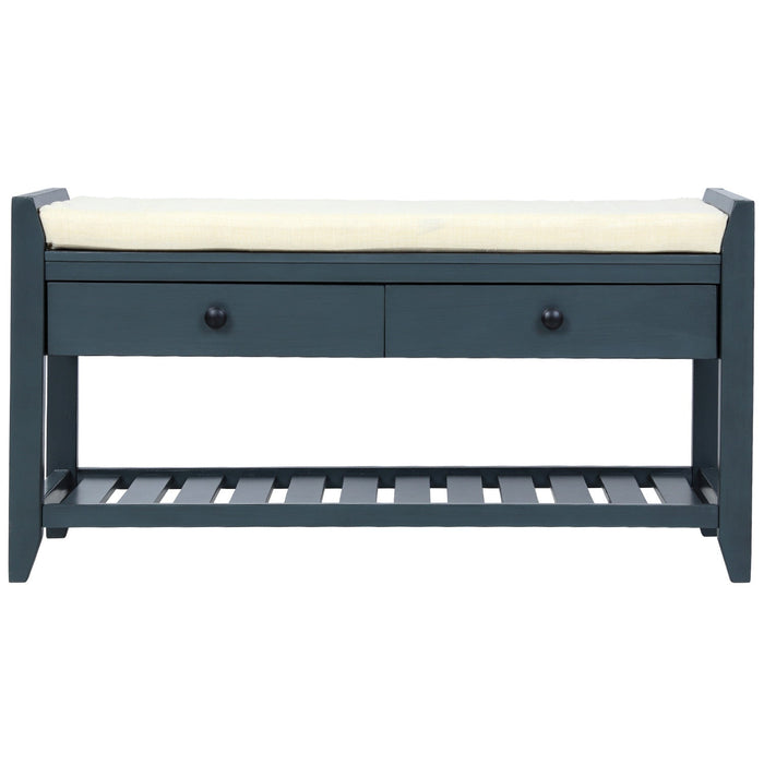 Stephanie Pine Wood Shoe Rack Bench With Cushioned Seat With Storage Drawers - Antique Navy 