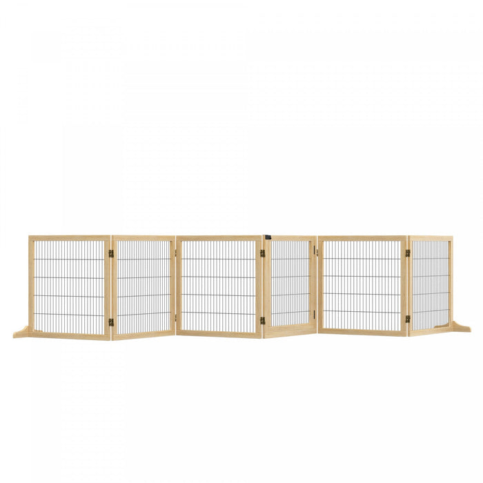 Pawhut Wooden Pet Gate, Dog Safety Barrier, Freestanding Foldable Fence, W/ 6 Panels, 2 Support Feet
