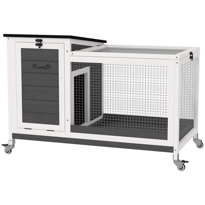 Pawhut Wooden Rabbit Hutch, Indoor Outdoor Guinea Pig Cage With Pull-out Tray, Asphalt Openable Roof