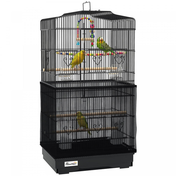 Pawhut 36" Bird Cage For Finches, Canaries Budgies, Parrot Cage With Accessories, Handle, Mesh Cover, Tray, Black