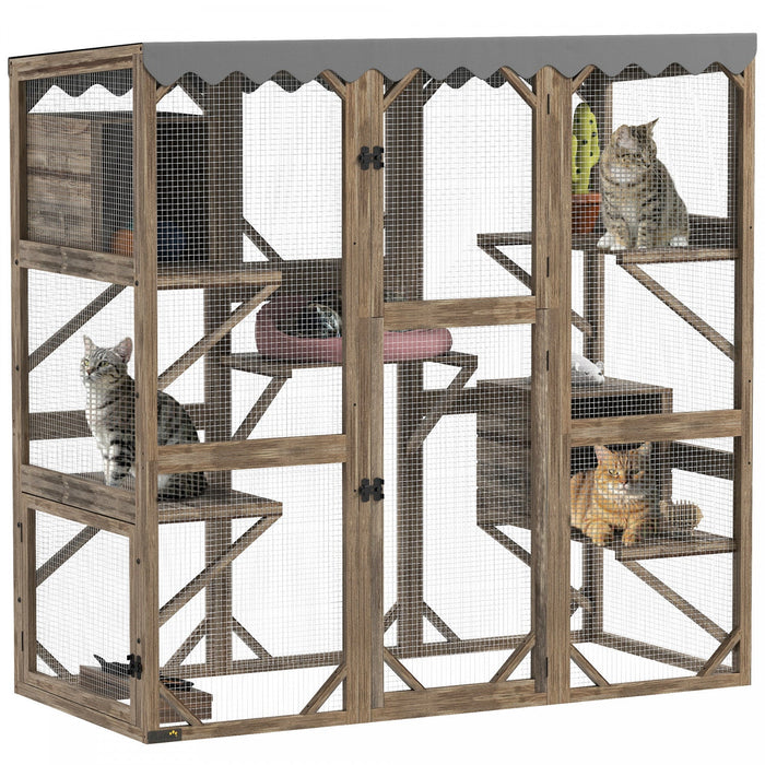Pawhut Catio, Outdoor Cat Enclosure With Waterproof Cover, 2 Relaxing Condo, 5 Platforms, Wooden Cat House Window Box For Multiple Kittens, 59" X 28" X 59", Brown