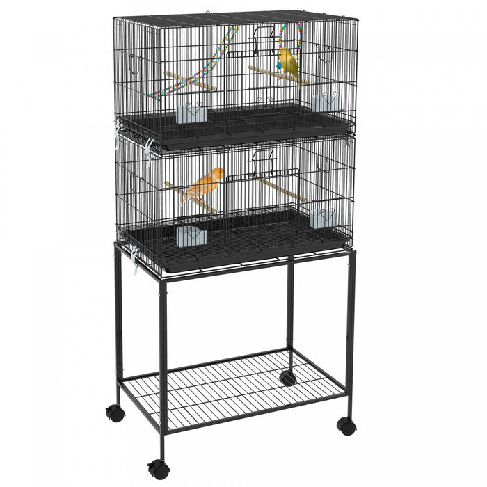 Pawhut Birdcage For Canaries, Lovebirds Finches, Budgie Cage With Wheels, Removable Tray, Bottom Mesh Panel, Wooden Perches, Swing, Ramp, Food Containers, 30" L X 18" W X 65" H