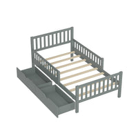 Emma Wood Platform Bed with Guardrails and Storage Drawers,Twin Size - Grey 