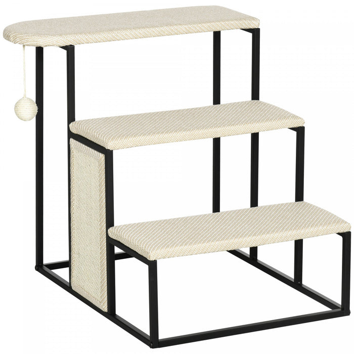 Pawhut 20\" 3 Steps Cat Stairs, Carpeted Ladder Ramp, Pet Steps With Scratching Board And Hanging Bal