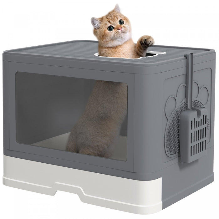 PawHut Foldable Cat Litter Box with Lid, Front Enter & Top Exit Kitten Litter Box Fully Enclosed, Pull-Out Drawer Type Large Cat Toilet with Scoop, Self-Groomer for Kitties, Grey