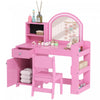 Qaba Kids Vanity Set with Lighted Mirror, Toddler Dressing Table and Chair Set with Cabinet, Drawer and Shelves, Pretend Makeup Playset for Girls 3-8 Years Old, Pink