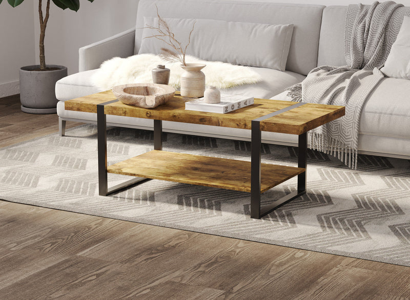 44” Coffee Table With Black Metal Base - Brown Reclaimed Wood 