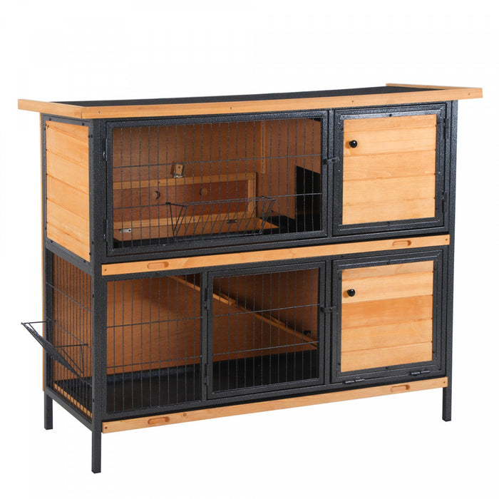 Pawhut 48" 2-floor Large Rabbit Hutch Wooden Pet House Metal Frame Bunny Cage Small Animal Habitat With Ramp Feeding Trough Lockable Doors Run Area Asphalt Roof For Outdoor Use