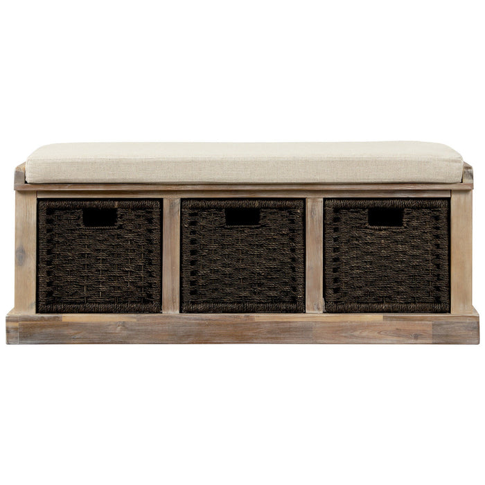 Leif Solid Wood And Rattan Baskets Storage Bench With Cushioned Seat - White 