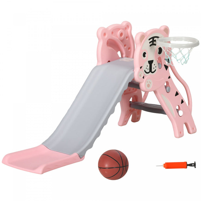 Qaba 2 In 1 Toddler Slide For Indoor, Easy Set Up Kids Slide Playset With Basketball Hoop For 18-36 