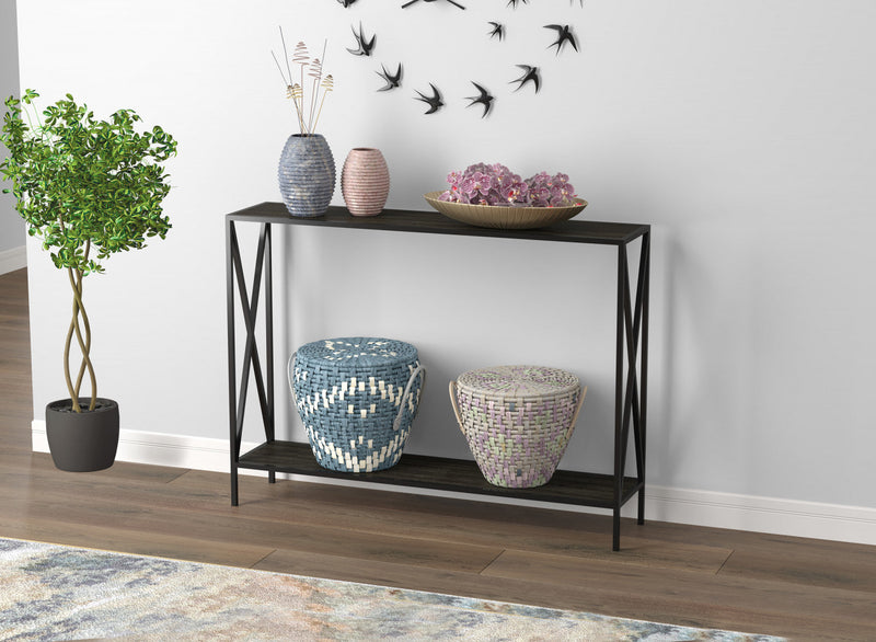 40” Console Table With 1 Shelf - Dark Grey Wood Black Metal Base 