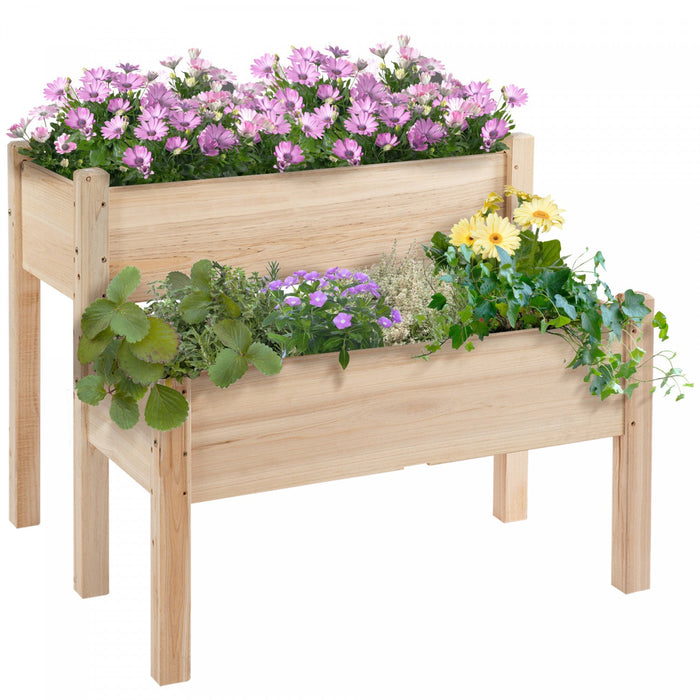 Outsunny 34\"x34\"x28\" 2-tier Raised Garden Bed Wooden Planter Box For Backyard, Patio To Grow Vegetab