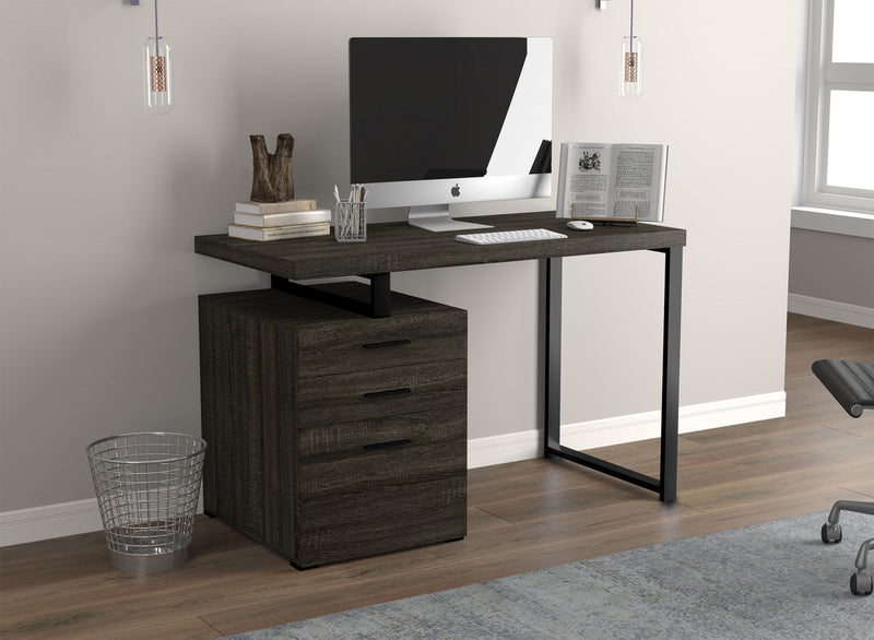 47” Computer Desk With 3 Drawers - Dark Grey Wood With Silver Metal Base 