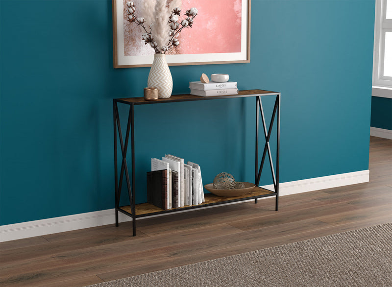 40” Console Table With 1 Shelf - Brown Reclaimed Wood Black Metal Base 