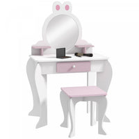 Qaba Kids Vanity Set With Mirror And Stool, Makeup Vanity Table For Children 3-6 Years Old, With Dra