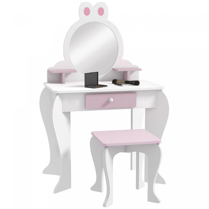 Qaba Kids Vanity Set With Mirror And Stool, Makeup Vanity Table For Children 3-6 Years Old, With Dra