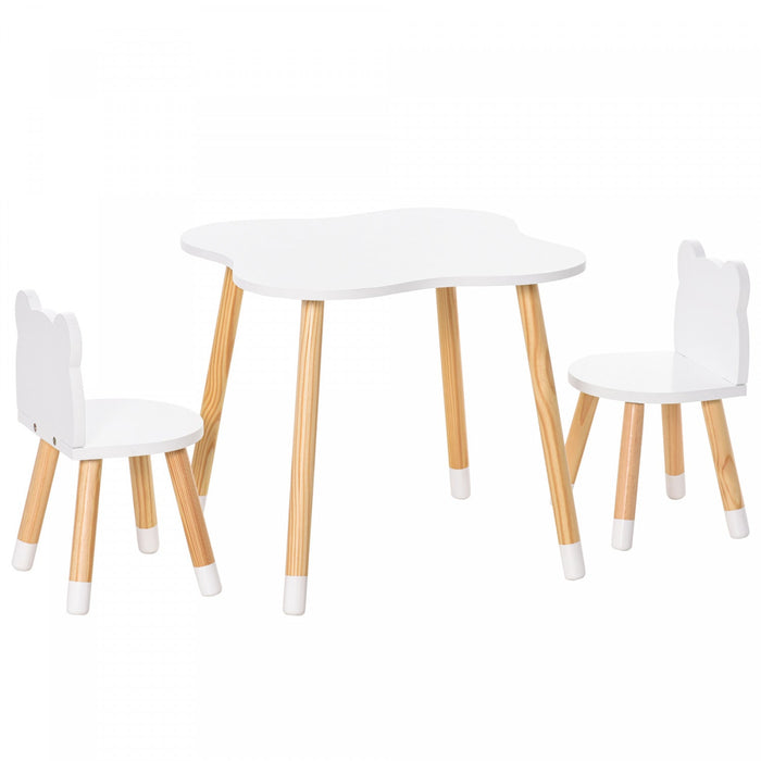 Qaba Kids Wooden Table And 2 Chairs Set Children 3-piece Dining Table With Cute Bear Shape And Round
