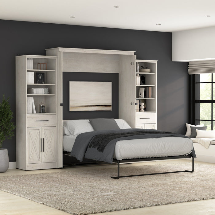 Bestar Key West Queen Murphy Bed & Closet Organizers with Doors & Drawers (119 W) - Linen White Oak