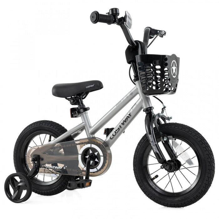 Costway 12" Kid's Bike With Training Wheels Adjustable Handlebar & Seat Handbrake Silver