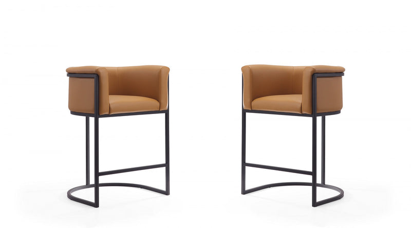 Cosmopolitan Mid-Century Modern Metal Upholstered Counter Stool in Camel - Set of 2 Bar Stool 