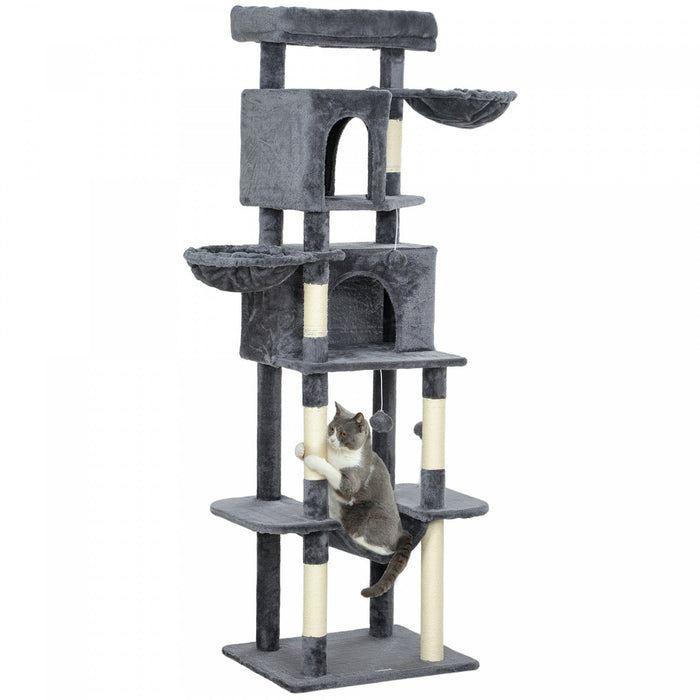 PawHut Cat Tree, 69" Cat Tower for Indoor Kittens, Multi-Level Tower with 2 Condos, Scratching Posts, 2 Hammocks, Perches, Pompoms for Multiple Kitties, Dark Grey