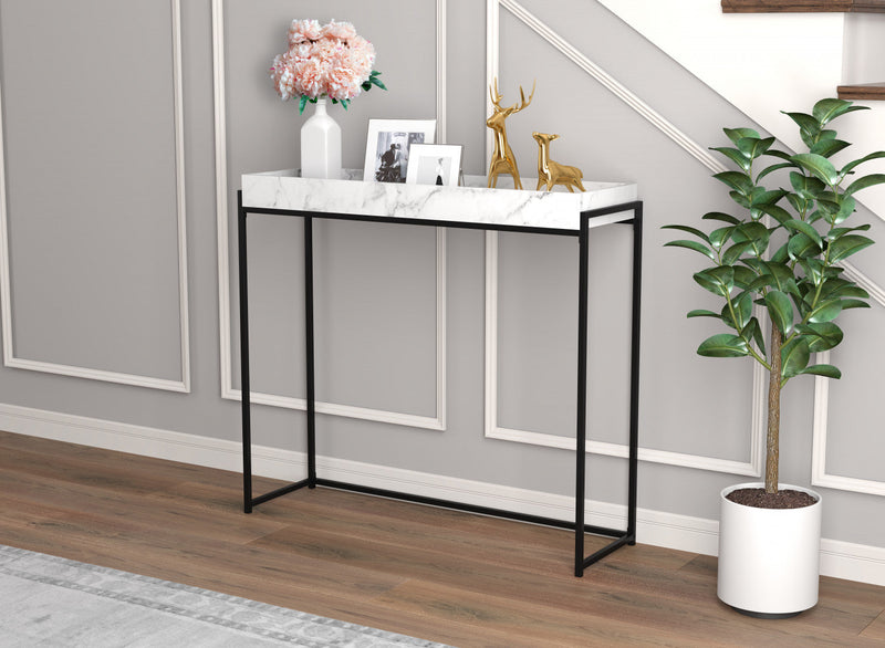40” Modern Console Table With Sunkey Tray - Marble With Black Metal 