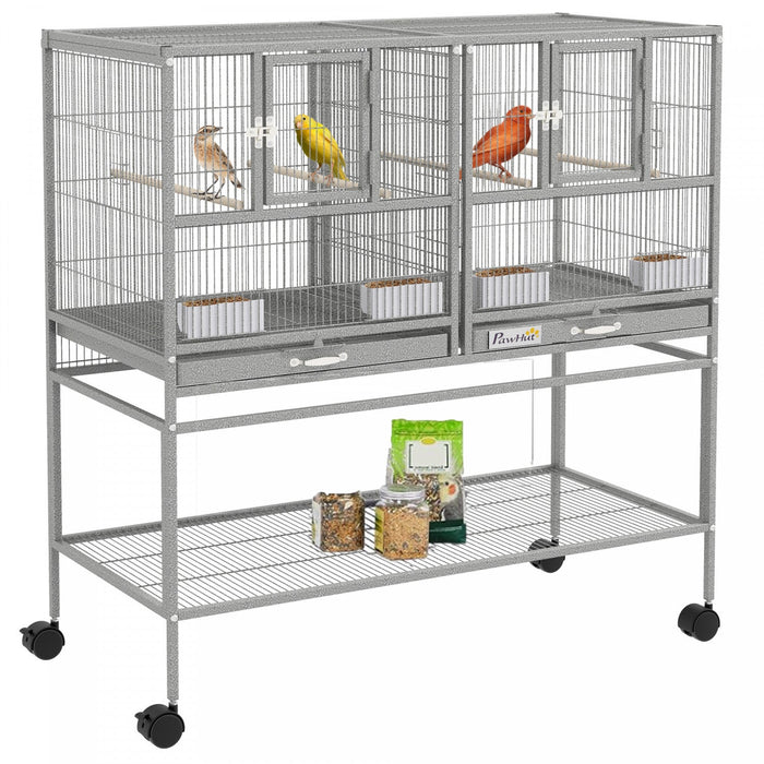Pawhut 40"h Divided Breeder Bird Cage With Rolling Stand Removable Metal Tray, Storage Shelf, Wood Perch, And Food Container, Light Grey