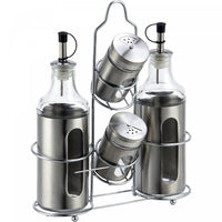 Twin Sauce Jars with Salt and Pepper Shaker on Stand