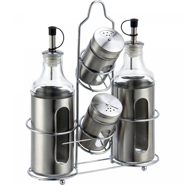 Twin Sauce Jars with Salt and Pepper Shaker on Stand
