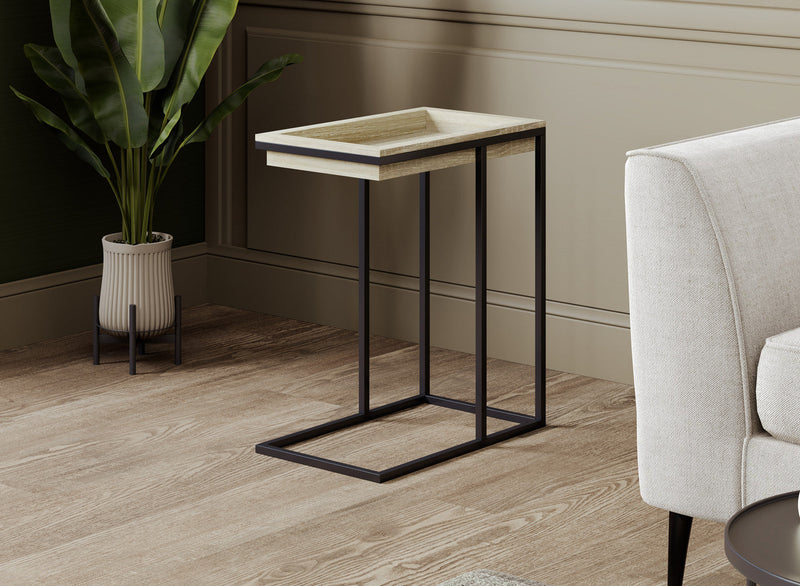 C-Shaped End Table With Sunkey Track - Brown Breech Wood With Black Metal 
