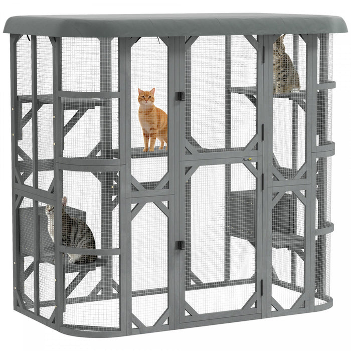 PawHut Catio Outdoor Cat Enclosure, 71"H Wooden Cat House with 5 Jumping Platforms, 2 Condos and Waterproof Cover, Walk-in Kitty Cage for 2–3 Kittens, Grey