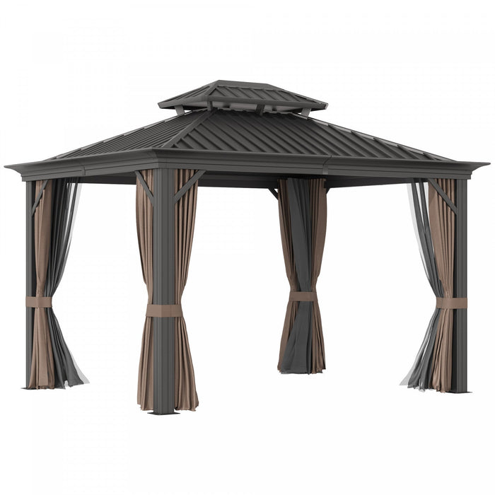 Outsunny 10' X 12' Outdoor Hardtop Gazebo With Galvanized Steel Canopy & Netting Sidewalls For Lawn,