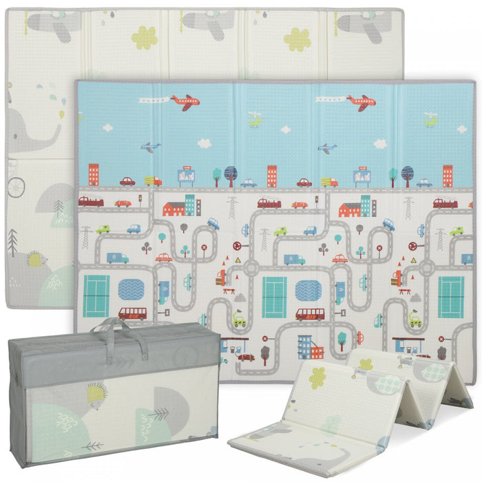 Qaba Baby Play Mat, 79" x 59" x 0.4", Foldable and Reversible Large Foam Playmat, Waterproof & Anti-Slip Portable Baby Floor Mat for Toddlers, Indoor Outdoor Use, Track & Elephant