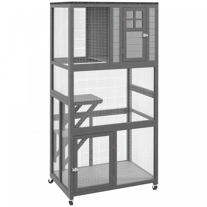 Pawhut 74\" Wooden Outdoor Cat House Weatherproof & Wheeled, Catio Outdoor Cat Enclosure With High We