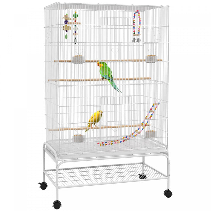 Pawhut 52" Bird Cage For Budgies Cockatiels Canaries Lovebirds Finches With Rolling Stand, Toys, Removable Tray, Storage Shelf, White