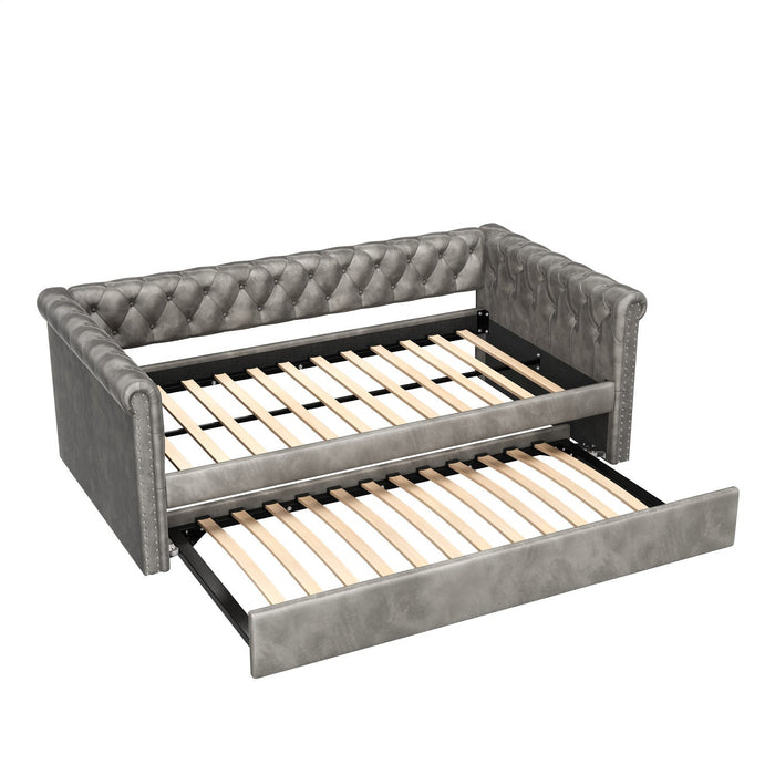 Sophia Tufted Design Upholstered Daybed with Trundle and Comfortable Backrest,Grey  