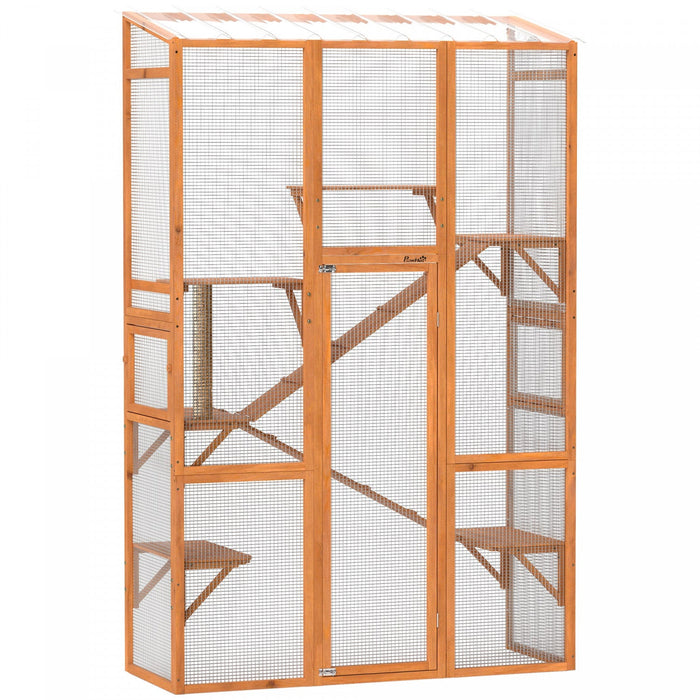 Pawhut Catio Outdoor Cat Enclosure, Large Wooden Cat House With 6 Jumping Platforms, Scratching Post, 2 Ramps, Waterproof Roof, Outdoor Cat Cage For 2-3 Kittens, 64" X 24" X 99"