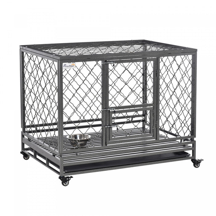 Pawhut Heavy Duty Dog Crate, Metal Dog Kennel Cage With Wheels, Openable Top, Removable Tray, Stainl