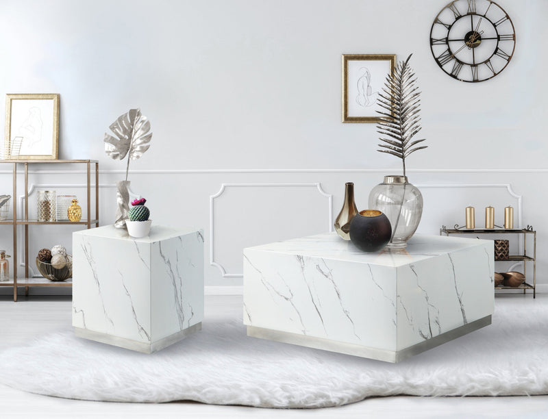 Aphrodite End Table, White Faux Marble & Silver 