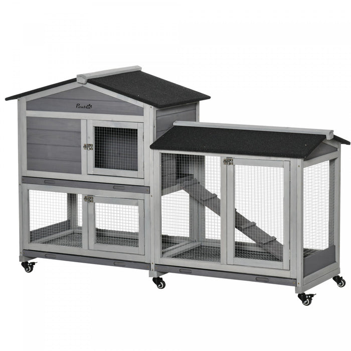 Pawhut 62\" Wooden Rabbit Hutch, Bunny Cage With Wheels, Run Box, Tray, Ramp For Small Animals, Guine