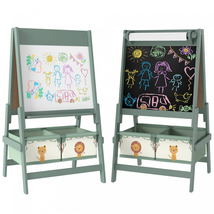 Qaba Art Easel For Kids, 3-in-1 Double-sided Kids Easel With Paper Roll, Whiteboard & Chalkboard, 2 Storage Boxes, Gift For Boys, Girls Ages 3-8, Green