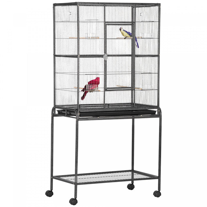 Pawhut 64\" Large Bird Cage, Rolling Metal Parrot Cage, Bird House With Detachable Rolling Stand, Sto