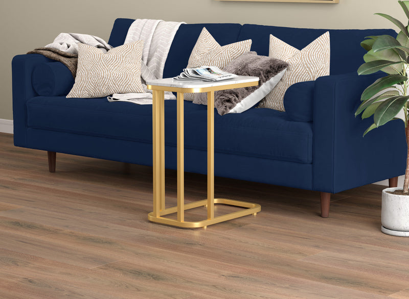 19” C-Shaped End Table - Marble Look With Gold Metal 