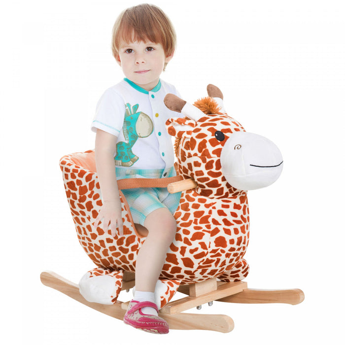 Qaba Wooden Plush Children Kids Rocking Horse Chair For Toddlers With Sound And Safety Belt, Giraffe