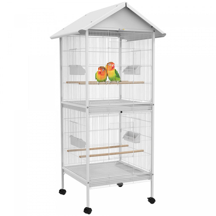 Pawhut Wrought Metal Bird Cage Feeder With Rolling Stand Perches Food Containers Doors Wheels 67\" H,