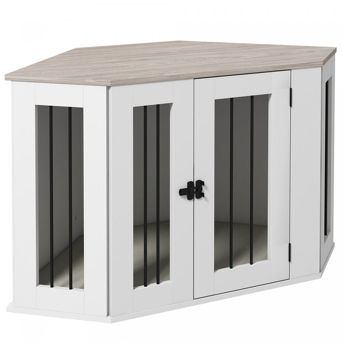 Pawhut Corner Dog Crate Furniture, 41\" Dog Crate End Table With Cushion, Door, Lock, Indoor Dog Cage