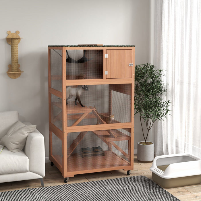 Pawhut 66"h Catio On Brake Wheel, Indoor Outdoor Cat Enclosure Cage With Weatherproof Roof Hammock Multiple Platforms Resting Condo Ramps Lockable Doors, For 1-3 Cats, Orange