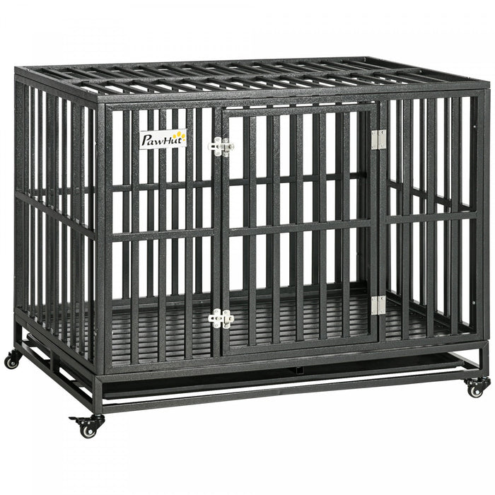 Pawhut 45\" Heavy Duty Steel Dog Crate Kennel Pet Cage With Wheels For Portability & 1 Doors For Conv