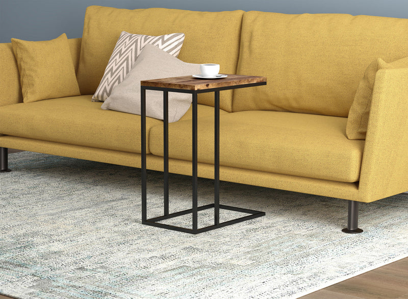 19” C-Shaped End Table With Metal Frame - Brown Reclaimed Wood 