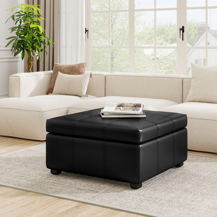 Liam 34.25\" Large Square Faux Leather Ottoman Coffee Table with Storage,Black  